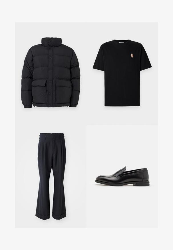 Jachetă puffer neagră, căptușită, cu guler înalt, închidere frontală cu butoane snaps, două buzunare frontale cu clapetă și mansete elastice.; Tricou negru cu mânecă scurtă și guler rotund, având un mic logo brodat cu o vulpe portocalie pe partea stângă a pieptului.; Pantaloni negri croiți, cu o potrivire relaxată, față pliată și picioare largi. Prezintă un tiv cu manșete și o textură de țesătură netedă.; Mocasini din piele neagră cu o textură netedă, vârf rotund și o curea decorativă peste partea superioară. Toc mic, design minimalist.