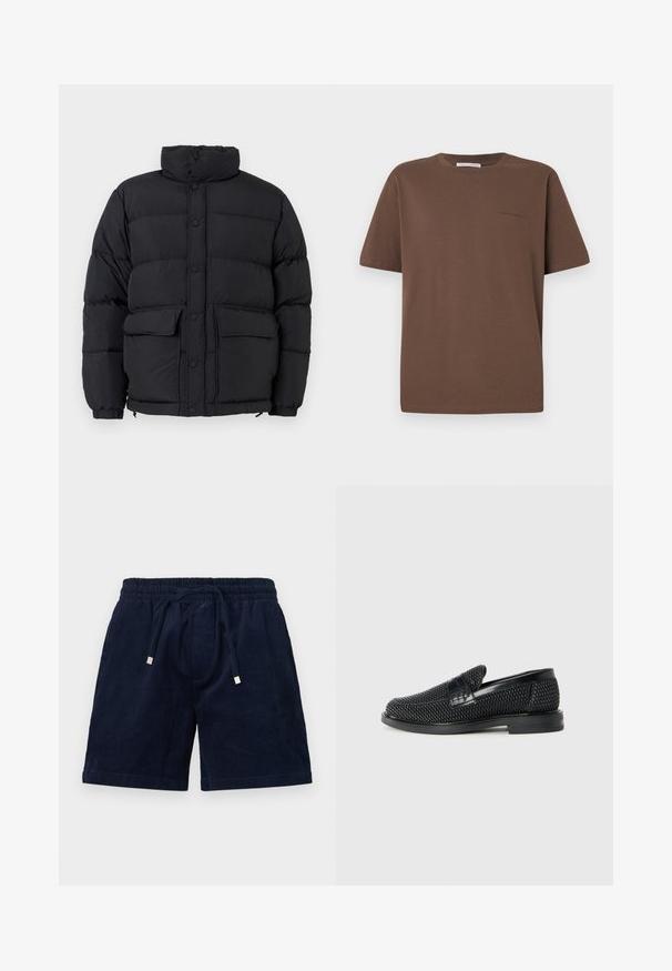 Schwarze gepolsterte Pufferjacke mit hohem Kragen, Druckknopfverschluss an der Vorderseite, zwei vorderen Klapptaschen und elastischen Bündchen.; Braunes Baumwoll-T-Shirt mit rundem Ausschnitt, kurzen Ärmeln und einem kleinen Logo auf der Vorderseite. Flache Stoffstruktur, lässige Passform.; Marinefarbene Cordshorts mit einem elastischen Bund, verstellbarem Kordelzug und goldenen Metallschnürringen. Sie zeichnen sich durch eine weiche Textur und einen geraden Schnitt aus.; Schwarzer geflochtener Slipper mit einem glatten Lederakzent im Obermaterial, einem runden Zehendesign und einer flachen Gummisohle.