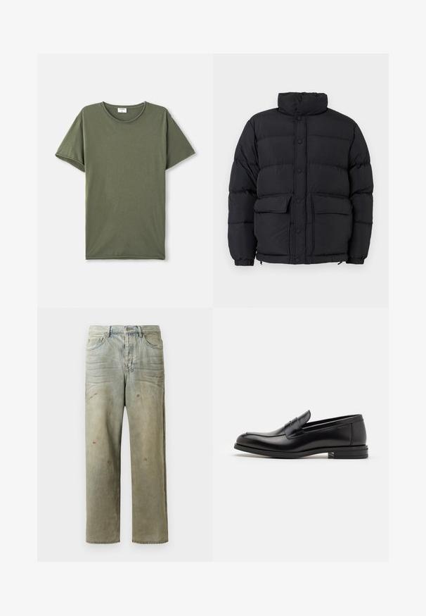 Čierna prešívaná puffer bunda s vysokým golierom, predným zapínaním na cvoky, dvoma prednými vreckami na klopu a elastickými manžetami.; Jednoduché olivovo zelené tričko s krátkym rukávom a okrúhlym výstrihom rozložené na bielom pozadí.; Zničené džínsy vo svetlozelenej farbe s rovnými nohavicami, piatimi vreckami a nerovnomerným vyblednutím so škvrnami od farby.; Čierne kožené mokasíny s hladkou textúrou, zaoblenou špičkou a dekoračným pásikom cez priehlavok. Nízky vrstvený opätok, minimalistický dizajn.