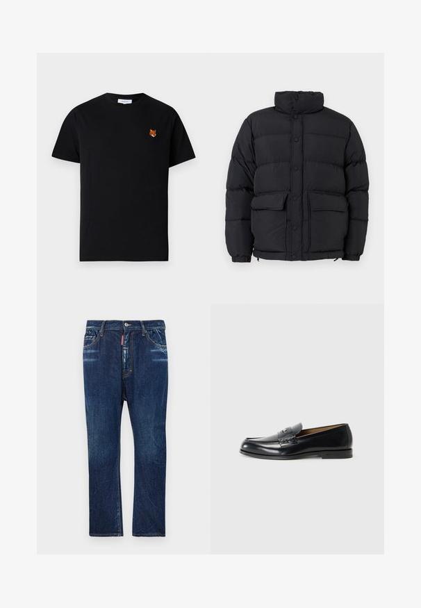 Črna podložena pufasta jakna z visokim ovratnikom, zapiranjem na gumb s pritisnim mehanizmom spredaj, dvema sprednjima žepoma s poklopcem in elastičnimi manžetami.; Črna bombažna majica s kratkimi rokavi, ki ima na levem prsnem delu majhno vezeno glavo lisice in okrogel izrez.; Temno modri jeans z ravnim krojem, s svetlo bledenjem, rumenim šivanjem, sprednjimi žepi in gumbom za zapiranje.; Usnjeni loafers v črni barvi s gladko površino, okroglo konico, dekorativnim šivanjem in majhnim kovinskim dodatkom spredaj.