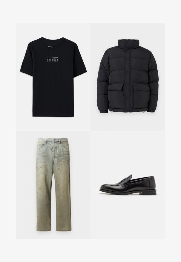 Zwarte gewatteerde pufferjack met hoge kraag, drukknopen aan de voorkant, twee voorzakken met klep en elastische manchetten.; Zwarte katoenen t-shirt met korte mouwen en ronde nek. Heeft een witte numerieke print met een gestileerde '6' over de borst.; Verweerde denim jeans in lichtgroen, met een rechte pijp, vijf-pocket ontwerp en ongelijkmatige vervaging met verfspatten.; Zwarte leren instappers met een gladde textuur, ronde neus en een decoratieve band over de wreef. Lage, gestapelde hak en minimalistisch ontwerp.
