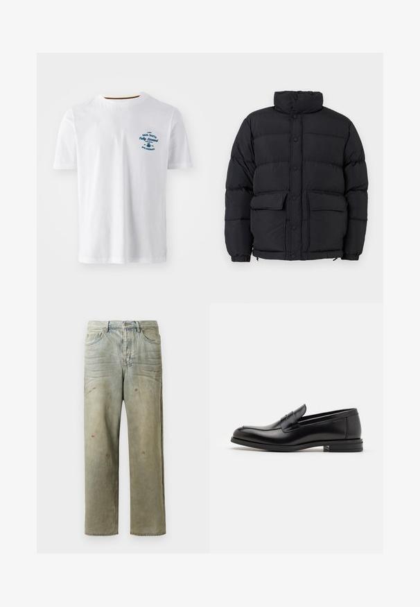 Zwarte gewatteerde pufferjack met hoge kraag, drukknopen aan de voorkant, twee voorzakken met klep en elastische manchetten.; Witte katoenen T-shirt met korte mouwen, voorzien van een blauwe afgedrukte logo op de voorkant. Ronde halslijn met een contrasterende binnenafwerking.; Verweerde denim jeans in lichtgroen, met een rechte pijp, vijf-pocket ontwerp en ongelijkmatige vervaging met verfspatten.; Zwarte leren instappers met een gladde textuur, ronde neus en een decoratieve band over de wreef. Lage, gestapelde hak en minimalistisch ontwerp.