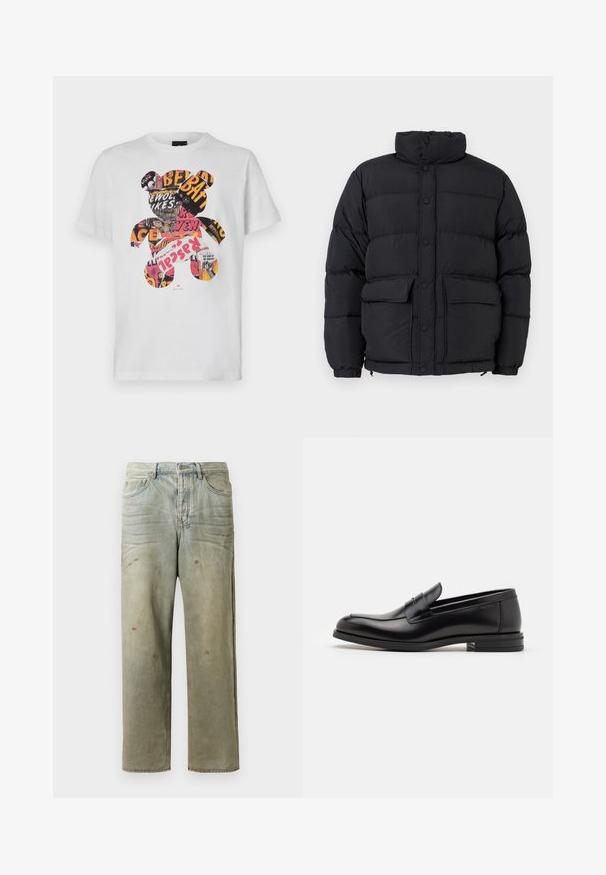 Juodas pūkuotas puffer tipo švarkas su aukštu color, spaudžių mygtukų uždarymu, dviem priekinėmis kišenėmis su sklende ir elastingomis rankogaliais.; Balta medvilninė marškinėlių su apvalia iškirpte, trumpomis rankovėmis, su lokio grafika, užpildyta spalvingais žurnalų iškarpomis ir tekstu.; Šviesiai žaliai nuvarytos džinsinės kelnes, su tiesiomis kojomis, penkių kišenių dizainu, nelygiai blukščiantis ir su dažų lašeliais.; Juodos odinės loafers, turinčios lygų paviršių, apvalią noselę ir dekoratyvinę juostą per priekinę dalį. Žemas krentantis kulnas, minimalistinis dizainas.