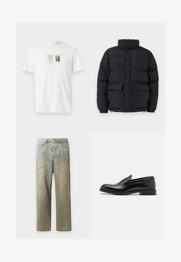 Sort polstret dunjakke med høj krave, knaplukning foran, to foran klaplommer og elastiske manchetter.; Hvid bomulds T-shirt med et sort-hvidt grafisk print af et kranie inden for en rektangulær kant på fronten. Korte ærmer, rund hals.; Slidte denimjeans i lysegrøn med lige ben, femlommerdesign og ujævn falming med malersplatter.; Sorte læderloafers med en glat overflade, rund tå og en dekorativ strop over vampen. Lav hæl med stabeldesign, minimalistisk stil.