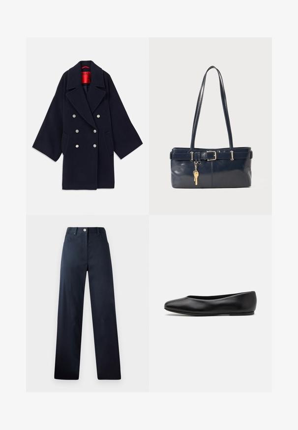 Granatowy dwurzędowy płaszcz wykonany z wełny, z szerokimi klapami, dwiema przednimi kieszeniami i guzikami w srebrnym odcieniu, z czerwonym wnętrzem z logo.; Ciemnoniebieski sweter z okrągłym dekoltem, długimi rękawami raglanowymi, ściągaczami u dołu i prostym brzegiem. Wykonany z miękkiego, fakturowanego materiału dzianinowego.; Ciemnoniebieskie spodnie o prostym kroju, wykonane z gładkiego materiału. Posiadają kieszenie z przodu, zapięcie na guzik oraz delikatne detale przeszycia.; Paul Smith TOPANGA czarny; Granatowa skórzana torebka z dwoma długimi uchwytami, detalem w postaci klamry oraz dołączonym breloczkiem. Charakteryzuje się gładką teksturą i prostokątnym kształtem.