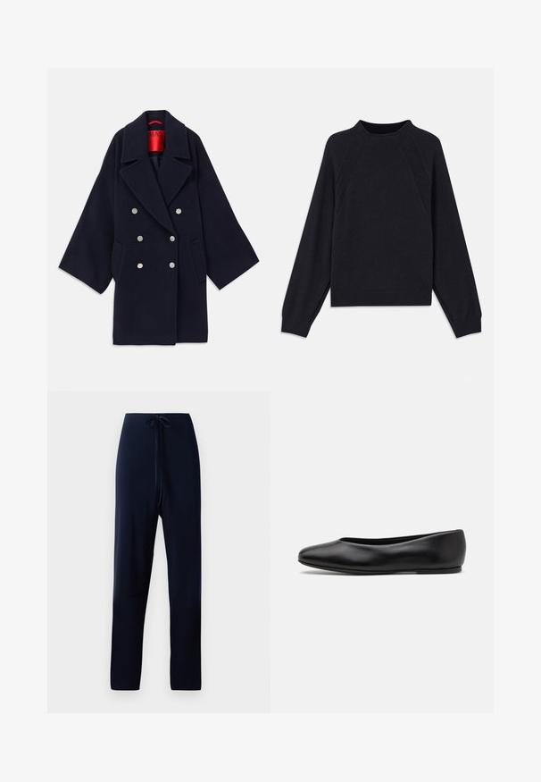 Marineblauwe dubbelbreasted jas van wol, met een brede revers, twee voorzakken en zilverkleurige knopen, met een rode merkinterieur.; Donkerblauwe trui met een ronde halslijn, lange raglanmouwen, geribbelde manchetten en een rechte zoom. Gemaakt van een zachte, gestructureerde breimateriaal.; Marineblauwe broek van zachte stof, met een tailleband met trekkoord, rechte pijpen en een gladde textuur zonder patronen of accenten.; Paul Smith TOPANGA - Ballerina's - black