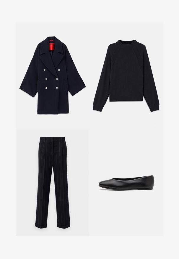 Navy double-breasted coat made of wool, featuring a wide lapel, two front pockets, and silver-tone buttons, with a red branded interior.; Dark navy sweater with a round neckline, long raglan sleeves, ribbed cuffs, and a straight hem. Made from a soft, textured knit material.; Black pinstriped trousers with a tailored fit, featuring a cuffed hem and front pleats. Made of smooth fabric with a structured design.; Paul Smith TOPANGA - Ballet pumps - black