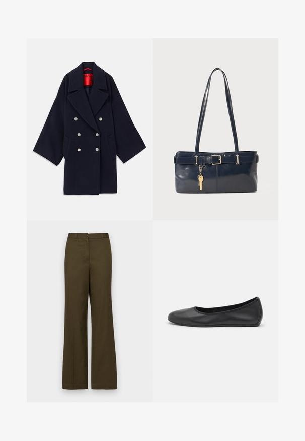 Palton bleumarin, cu două rânduri de nasturi, confecționat din lână, având revere largi, două buzunare frontale și nasturi de culoare argintie, cu un interior roșu personalizat.; Pulover în nuanță închisă de navy, cu guler rotund, mâneci lungi tip raglan, manșete ribbate și tiv drept. Fabricat dintr-un material tricotat moale și texturat.; Pantaloni largi de culoare verde măslinie, confecționați dintr-un amestec de bumbac. Prezintă o închidere cu buton în față, brătele pentru curea și două buzunare laterale.; Balerini din piele neagră, cu vârf rotund, textură netedă, detalii de cusătură minimale și un design al tălpii flexibil.; Geantă de piele bleumarin cu două mânere lungi, detaliu cu cataramă și un breloc atașat. Are o textură netedă și o formă rectangulară.