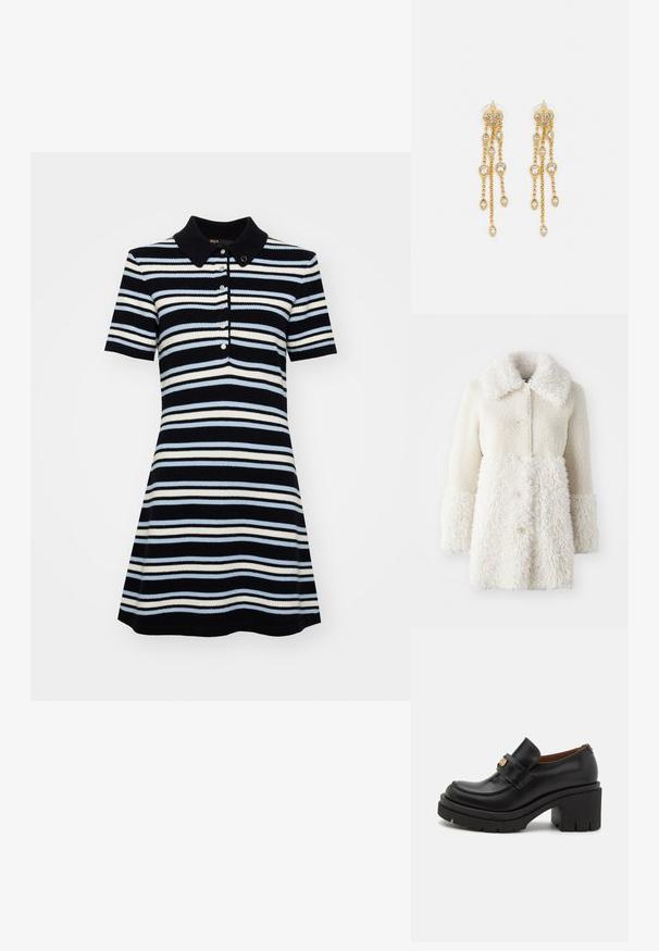 Valkoinen, pörröinen takki, jossa on teksturoitu kangas, suuri kaulus ja nappisuljenta. Vartalolla on sileä pinta, jossa on erottuvia yksityiskohtia.; Polovrhný šaty s krátkými rukávy, přiléhavým korzetem a rozšířenou sukní, s horizontálními pruhy v námořnické, světle modré a bílé barvě a třemi knoflíky.; Musta nahkakengät sisältävät korkean, paksun pohjan, jossa on teksturoitu pohja. Niissä on ommeltu muotoilu ja kultasävyinen yksityiskohta nauhassa.; Ruskea nahkalaukku, jossa on teksturoitu pinta, poimutetut reunat ja sivutupsut; varustettu irrotettavalla olkahihnalla, jossa on metallikoristeita.; Kultaketjua roikkuvat korvakorut, joissa on useita putoavia ketjuja, ja selkeitä ovaaleja rhinestone-akselteja sekä koristeelliset niittitoppaukset.