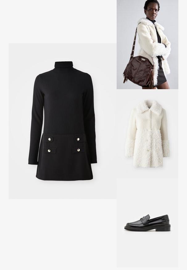 Cappotto bianco peloso con un tessuto texturizzato, ampio colletto e chiusure a bottone. Il corpo ha una finitura liscia, con accenti a contrasto.; Vestito nero a collo alto a coste con maniche lunghe, caratterizzato da un corpetto aderente e una gonna svasata con due tasche anteriori e bottoni dorati.; Mocassino in pelle verniciata nera con finitura liscia, dettagli cuciti nella parte anteriore e tacco basso per un supporto ottimale. Accentatura dorata sulla fascia.; Borsa a mano in pelle marrone con finitura texturizzata, bordi plissettati e frange laterali; dotata di una tracolla staccabile con accenti metallici.