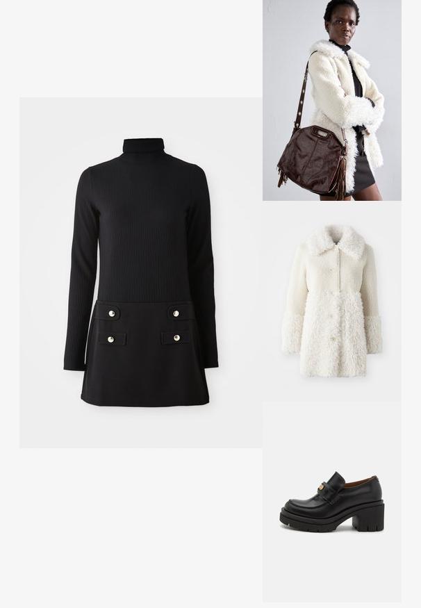 Baltas pūkuotas paltas su tekstūruotu audiniu, dideliu apykakliu ir sagomis. Dalis turi lygų paviršių, su kontrastingais akcentais.; Juoda dryžuota turtlenecko suknelė su ilgomis rankovėmis, pasižyminti prigludusia liemene ir platėjančia sijona, turinti dvi priekines kišenes ir auksinės spalvos mygtukus.; Juodi odiniai loafersai turi aukštą, masyvų platformą su tekstūruota padu. Jie turi siuvinėtą raštą ir auksinės spalvos akcentą ant užsegimo.; Ruda odinė rankinė su tekstūriniu paviršiumi, raukšlėmis ir šoninėmis kutais; turi nuimamą petinę dirželį su metaliniais akcentais.