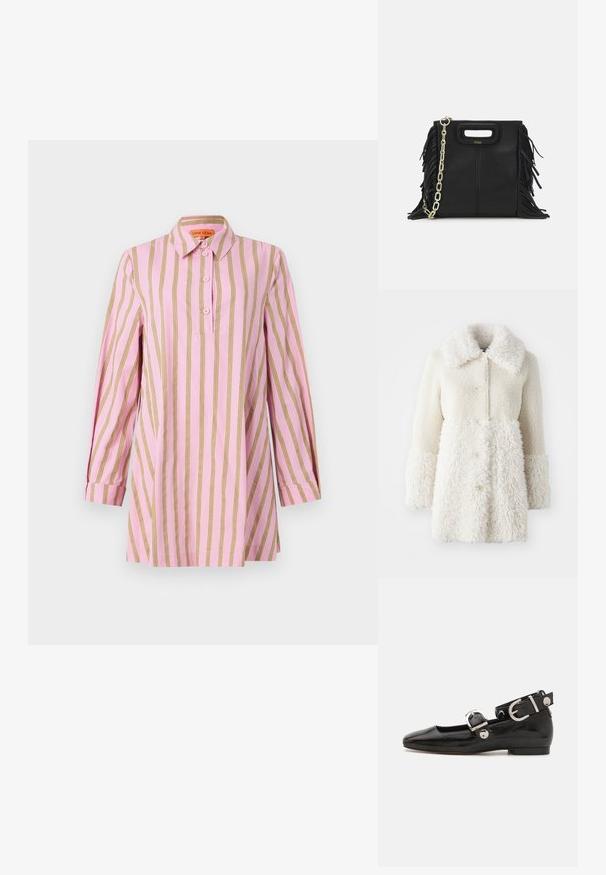 Cappotto bianco peloso con un tessuto texturizzato, ampio colletto e chiusure a bottone. Il corpo ha una finitura liscia, con accenti a contrasto.; Camicia rosa con strisce oro verticali, maniche lunghe con polsini, pattina frontale con bottoni e colletto classico. Tessuto morbido e leggero.; Scarpa flat in vernice nera con punta quadrata, cinturino alla caviglia con hardware in argento e suola piatta. Texture liscia con design minimalista.; Borsa a tracolla in pelle nera con dettagli a frangia, catena dorata e manico ritagliato. Presenta il logo sulla parte anteriore.