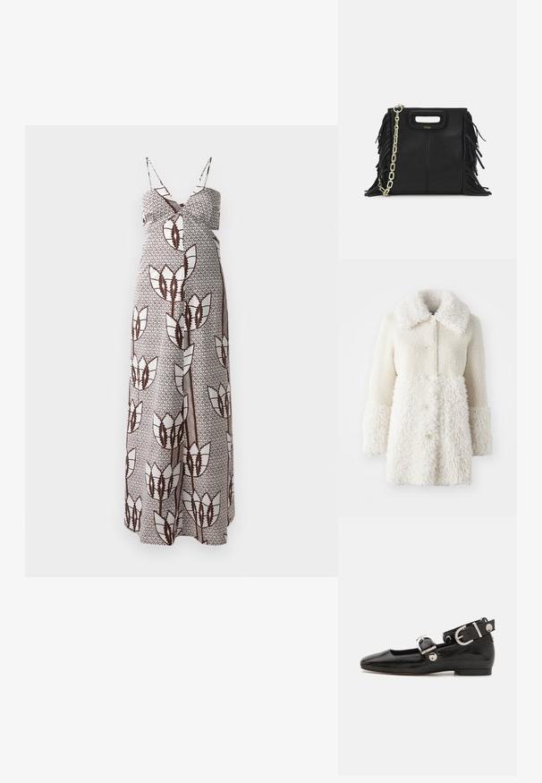 Abrigo blanco de pelaje suave que presenta una tela texturizada, gran cuello y cierres de botón. El cuerpo tiene un acabado liso, con acentos en contraste.; Vestido maxi con tirantes finos, que presenta un estampado floral abstracto en marrón y blanco sobre una tela texturizada. Cintura elástica para mayor comodidad.; Zapato plano de charol negro con punta cuadrada, correa de tobillo con herrajes de plata y suela plana. Textura suave con diseño minimalista.; Bolso de mano de cuero negro con detalles de flecos, correa de cadena dorada para el hombro y un asa con corte. Presenta una colocación del logotipo en la parte frontal.