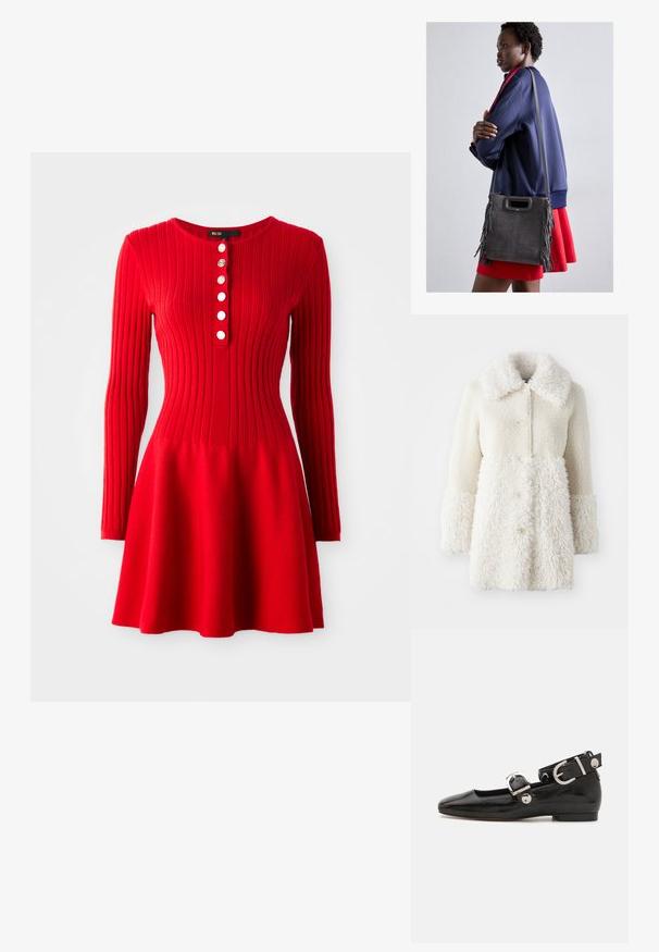 Witte bontachtige jas met een textuurstof, grote kraag en knoopsluitingen. Het lichaam heeft een gladde afwerking, met contrasterende accenten.; Rode ribgebreide jurk met lange mouwen, aansluitende bovenkant en uitlopende rok. Heeft een ronde halslijn en vijf witte knopen aan de voorkant.; Zwarte gepatineerde leren platte schoen met een vierkante neus, enkelband met zilverkleurige hardware en platte zool. Gladde textuur met minimalistisch ontwerp.; Grijze suède handtas met franjes, grote opening met handvat aan de bovenkant en een dunne schouderband. Model draagt een marineblauwe jas en een rode rok.