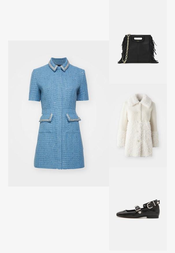 Valkoinen, pörröinen takki, jossa on teksturoitu kangas, suuri kaulus ja nappisuljenta. Vartalolla on sileä pinta, jossa on erottuvia yksityiskohtia.; Maje RILYA - Paitamekko - bleu; Musta patenttinahkainen tasapohjainen kenkä suoralla varvastyöllä, nilkkahihna hopeisilla yksityiskohdilla ja tasainen pohja. Sileä pinta ja minimalistinen muotoilu.; Musta nahkakäekott, millel on frantsiisidetailid, kuldne õlgade rihm ja lõikega käepide. Ees on logo paigutus.