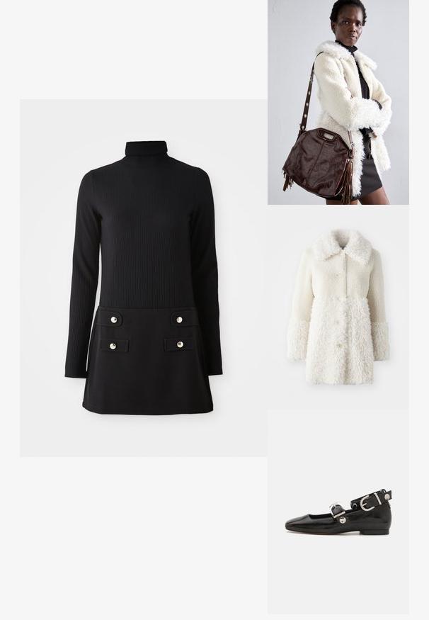 Valkoinen, pörröinen takki, jossa on teksturoitu kangas, suuri kaulus ja nappisuljenta. Vartalolla on sileä pinta, jossa on erottuvia yksityiskohtia.; Musta ribattu turtleneck-mekko pitkillä hihoilla, jossa on muotoiltu yläosa ja liehakasa sekä kaksi etutaskua ja kultasävyiset napit.; Musta patenttinahkainen tasapohjainen kenkä suoralla varvastyöllä, nilkkahihna hopeisilla yksityiskohdilla ja tasainen pohja. Sileä pinta ja minimalistinen muotoilu.; Ruskea nahkalaukku, jossa on teksturoitu pinta, poimutetut reunat ja sivutupsut; varustettu irrotettavalla olkahihnalla, jossa on metallikoristeita.