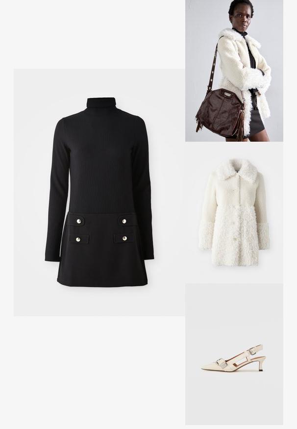 Hvid pelskåbe med struktureret stof, stor krave og knaplukninger. Kroppen har en glat finish med kontrasterende accenter.; Sort ribbet turtleneck kjole med lange ærmer, med en tætsiddende overdel og en udvidet nederdel med to forlommer og knapper i guldfarve.; Hvide læderslingbacksko med spids tå, lille hæl og justerbar rem med en fremtrædende sølvspænde detalje.; Brun læderhåndtaske med en tekstureret overflade, plisserede kanter og sidehængsler; har en aftagelig skulderrem med metaldetaljer.