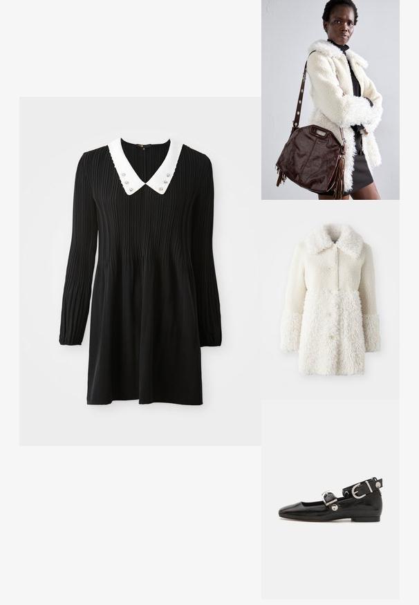 Bela krznena bunda z teksturirano tkanino, velikim ovratnikom in gumbi za zapiranje. Telo ima gladko površino z kontrastnimi detajli.; Dolga črna obleka s dolgimi rokavi, ki ima bel ovratnik Peter Pan z našitimi robovi in dekorativnimi okraski. Narejena iz nabrane tkanine.; Črne lakaste balerinke s kvadratnim prstom, trakovi okrog gležnja z zlatimi dodatki in ravnim podplatom. Gladka tekstura z minimalističnim dizajnom.; Rjav usnjen ročni torbica z teksturirano površino, gubastimi robovi in stranskimi resicami; ima odstranljiv naramni trak z kovinskimi detajli.