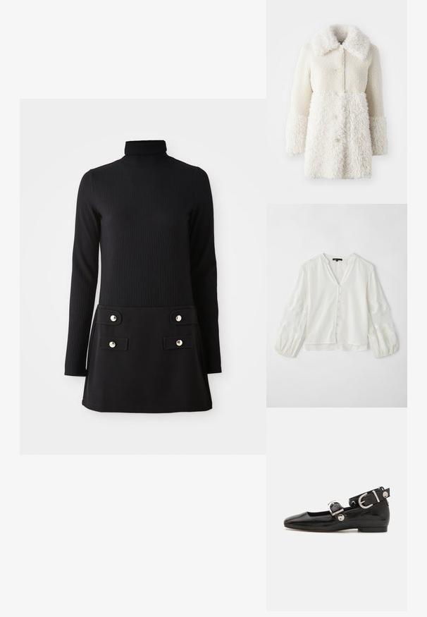 Valge karvane mantel, millel on tekstureeritud kangas, suur krae ja nööbid. Keha on sileda viimistlusega, kontrastsete aktsentidega.; Valge pluus V-kaelusega, nööpide kinnituse ja läbipaistvate, tikanditega pikkade varrukatega, millel on laineline muster ja tekstuurilised aktsendid.; Mustra mustris turtleneck kleit, millel on pikad varrukad, sobiv ülemine osa ja laienev seelik, mis sisaldab kahte eesmist taskut ja kuldset värvi nuppe.; Must musta nahkkinga lamead kontsad, ruudukujulise varbaga, pahkluu rihmaga, mis sisaldab hõbedast taakleid, ning lame tald. Siledat pinda ja minimalistlikku disaini.; Pruunist nahast käekott, millel on tekstuuriga viimistlus, volditud ääred ja külgmised pomponid; sisaldab eemaldatavat õlavarre rihma, millel on metallaktsent.