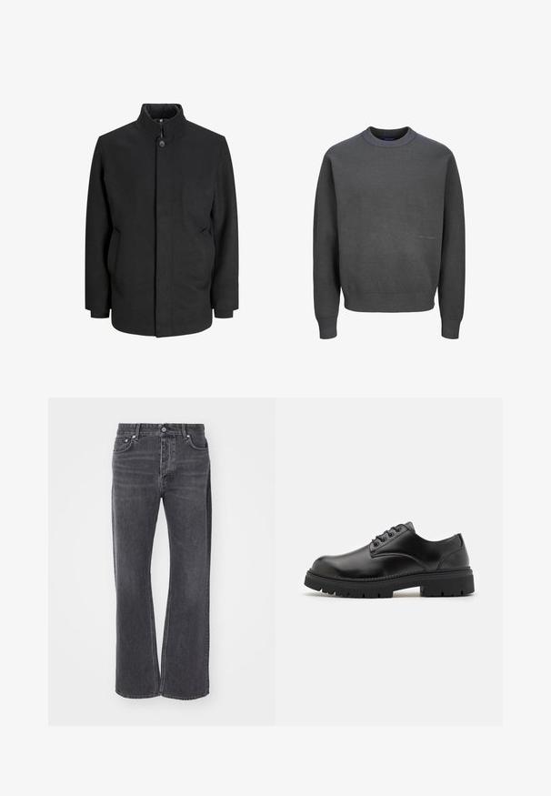 Fekete kabát magas gallérral, elöl gombos zárással, oldalsó zsebekkel és struktúrált sziluettel. Simább, texturált anyagból készült.; Sötét szürke pulóver, amely texturált kötött anyagból készült, bordázott kerek nyakkal és mandzsettákkal, elülső részén pedig diszkrét logó részlettel.; Fekete, magas derekú farmernadrág, laza, széles lábú kivitelben. Denim anyagból készült, finom kopással és elülső, valamint hátsó zsebekkel.; Fekete bőrcipő, lekerekített orral, fűzős kialakítással és vastag, texturált gumitalppal. Az élek mentén varrás található, és sima felülete van.