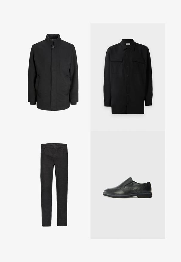 Palton negru cu guler înalt, închidere cu nasturi frontal, buzunare laterale și o siluetă structurată. Fabricat dintr-un material neted și texturat.; Cămașă neagră cu nasturi, confecționată dintr-un material neted, având un guler clasic, două buzunare frontale și mâneci lungi cu manșete cu nasturi.; Jeans negri din denim cu o croială dreaptă. Caracteristicile includ cinci buzunare, o închidere cu buton și o sutătură subtilă de-a lungul cusăturilor.; Pantof de piele neagră, tip slip-on, cu un superior neted, accente cusute, vârf rotunjit și un toc jos din cauciuc. Talpa are un profil minim de aderență.
