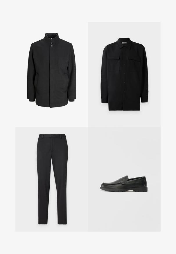 Čierny kabát s vysokým golierom, predným zapínaním na gombíky, bočnými vreckami a štruktúrovaným strihom. Vyrobený z hladkej, textúrovanej tkaniny.; Čierna košeľa na gombíky vyrobená z hladkej tkaniny, so klasickým golierom, dvoma prednými vreckami a dlhými rukávmi s gombíkovými manžetami.; Čierne nohavice so strihom na mieru, ktoré majú hladkú tkaninu, rovný strih, zapínanie na jeden gombík a diskrétne vrecká.; Čierne kožené mokasíny s hladkým povrchom, vrchnou časťou v štýle mokasín, prešitým detailom a gumovou podrážkou. Klasický dizajn s nízkym podpätkom.