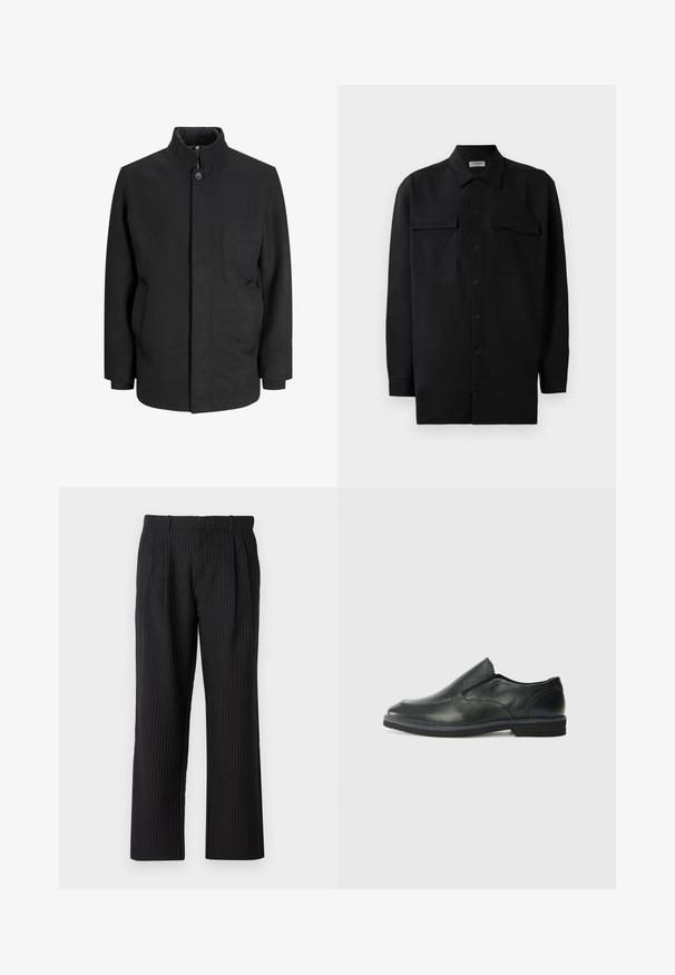 Black coat with a high collar, front button closure, side pockets, and a structured silhouette. Made from a smooth, textured fabric.; Black button-up shirt made of smooth fabric, featuring a classic collar, two front pockets, and long sleeves with button cuffs.; Jack & Jones JPSTBILL JJDAYTONA WIDE - Trousers - black; Black leather slip-on shoe with a smooth upper, stitched accents, rounded toe, and a low rubber heel. Sole features minimal tread.