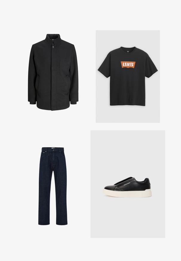 Must plaat, mille kõrge krae, esine nööpide kinnitusega, küljetaskud ja struktureeritud siluett. Valmistatud siledast ja tekstureeritud kangast.; Must noirest T-särk, millel on ees suur oranž Levi's logo, lühikesed varrukad ja ümar kaelus.; Tumed sinised teksad kõrge vöökoha, sirgete laiade jalgade, esikottide ja metallnööbiga kinnitusega. Klassikaline viie taskuga disain.; Must musta kingad tekstureeritud nahast pealmise osaga, valge kummist tallaga ja nähtamatute paeltega. Küljel on brändi logo.