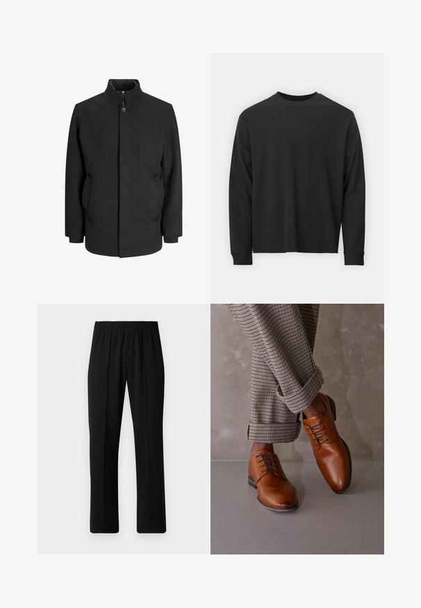 Fekete kabát magas gallérral, elöl gombos zárással, oldalsó zsebekkel és struktúrált sziluettel. Simább, texturált anyagból készült.; Fekete, hosszú ujjú póló, 100% pamutból készült, kerek nyakkivágással, bő szabású, bordázott mandzsettákkal. Simaság jellemzi, látható mintázat nélkül.; Fekete, gumíros derekú nadrág egyenes szabással, sima felülettel, látható minták vagy fémrészek nélkül.; Barna bőrcipők kerek orral, öt szemlyukú fűzős kialakítással és eltérő sötét fűzőkkel rendelkeznek. A nadrág kockás, a szárán fel van hajtva.