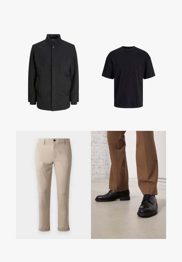 Svart frakk med høy krage, frontlukking med knapper, sidelommer og en strukturert silhuett. Laget av et jevnt, teksturert stoff.; Svart bomull t-skjorte med rund hals, korte ermer og en avslappet passform. Glatt tekstur uten synlige mønstre eller detaljer.; Jack & Jones STMARCO FURY NOOS - Chinos - atmosphere; Svarte lær sko med glatt overflate og rund tå, med snøring og lav, flat såle. Kombinert med brune bukser.