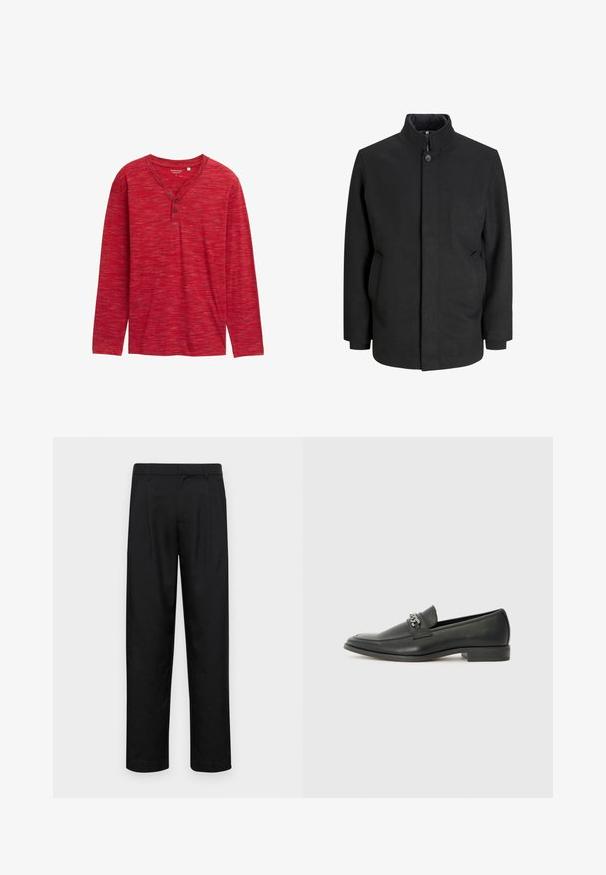 Zwarte jas met hoge kraag, sluiting met knopen aan de voorkant, zijzakken en een gestructureerde silhout. Gemaakt van een gladde, textuurstof.; Rode henley shirt met lange mouwen, gemaakt van gestructureerde stof, met een V-hals, drie knopen en een relaxte pasvorm met afgewerkte zoomranden.; Zwarte broeken van gladde stof, met een recht model, twee voorknikken en een standaard tailleband met riemlussen.; Zwarte leren instapper met een gladde afwerking, voorzien van een gestikt ontwerp en een decoratieve metalen kettingaccent over de wreef. Platte hak.