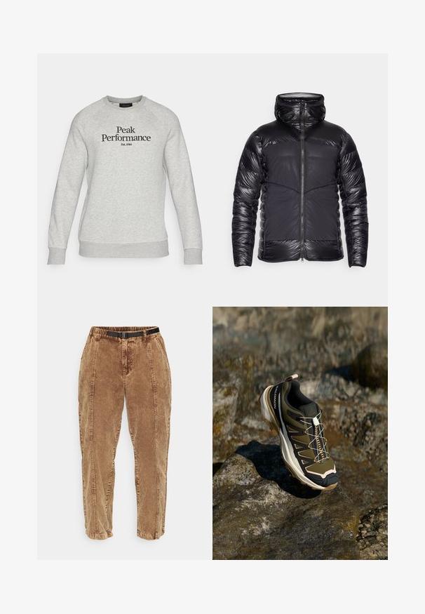 Čierna kapucňa s nadýchanou bundou, lesklé prešívané rukávy a horná časť hrude, matné predné panely a centrálne zapínanie na zips.; Peak Performance ORIGINAL CREW-BLACK-OFFWHITE - Mikina - grey melange/black; Hnedé kordové nohavice s textúrovaným povrchom, vybavené čiernym nastaviteľným opaskom, bočnými vreckami a voľným strihom. Nohavice sa zužujú smerom k členkom.; Turistická obuv v olivovo zelenej a čiernej farbe s ružovými akcentmi. Má textúrovaný zvršok, flexibilnú podrážku, vystuženú špičku a farebný systém šnurovania.