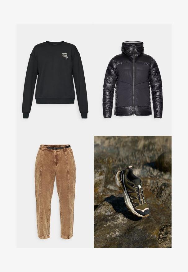 Black hooded puffer jacket with shiny quilted arms and upper chest, matte front panels, and central zipper closure.; Black long-sleeve crewneck sweatshirt with small white graphic text "KARMA 93" and eyes on the left chest, ribbed cuffs and hem.; Brown corduroy pants with a textured surface, featuring a black adjustable belt, side pockets, and a relaxed fit. Pants taper toward the ankles.; Hiking shoe in olive green and black with pink accents. Features a textured upper, flexible sole, reinforced toe cap, and colorful lacing system.