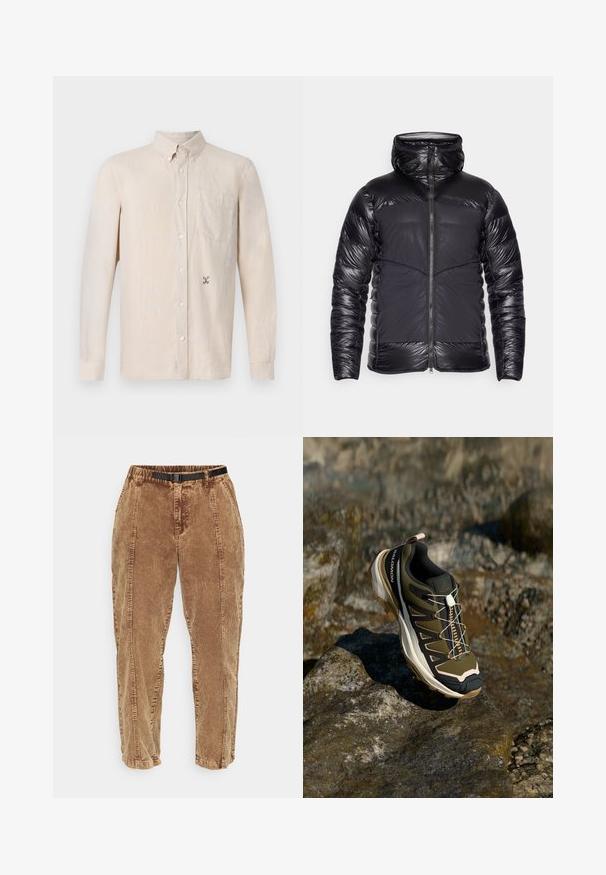 Zwarte gewatteerde donsjack met een glanzende, gequiltte armen en bovenste borst, matte voorpanelen en een centrale ritssluiting.; Lichtbeige langemou shirt met kraag, knoopsluiting aan de voorkant, een enkele borstzak en een subtiele geborduurde ontwerp aan de linkerkant.; Bruine corduroy broek met een gestructureerd oppervlak, voorzien van een zwarte verstelbare riem, zijzakken en een relaxed fit. De broek tapert naar de enkels toe.; Wandelshoe in olijfgroen en zwart met roze accenten. Beschikt over een gestructureerd bovenwerk, flexibele zool, versterkte neuzen, en een kleurrijk vetersysteem.