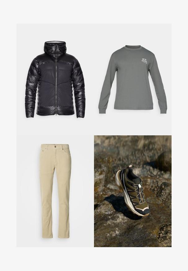 Must mustaga puffer-jakk musta kapuutsiga, sädelevate õmblustega käte ja ülemise rinnaosaga, mati eespaneeliga ning keskse tõmblukuga.; Pikkade varrukatega hall särk, millel on ümmargune kaelus ja valge graafiline logo vasakul rinnal. Sujuv tekstuur ja lihtne disain.; Beige volditud püksid, millel on esine nupp, tõmblukk, viis taskut ja sirge lõige, klassikalise valge tausta ees.; Olive rohelised ja mustad matkasaapad roosade aktsentidega. Omab tekstuurset ülemist osa, painduvaid põhi, tugevdatud varbakaitset ja värvilist paeltesüsteemi.