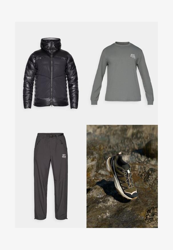 Schwarze Kapuzen-Pufferjacke mit glänzenden, gesteppten Ärmeln und Oberkörper, matten Vorderpanelen und mittigem Reißverschluss.; Langarmshirt aus grauem Stoff, mit Rundhalsausschnitt und einem weißen Grafiklogo auf der linken Brust. Glatte Textur und einfaches Design.; Schwarze Outdoor-Hose aus leichtem Material, mit Gürtel, mehreren Taschen und einem Logo. Gerader Beinverlauf mit elastischem Bund.; Wanderschuh in Olivgrün und Schwarz mit pinken Akzenten. Verfügt über ein strukturiertes Obermaterial, eine flexible Sohle, eine verstärkte Zehenkappe und ein farbenfrohes Schnürsystem.