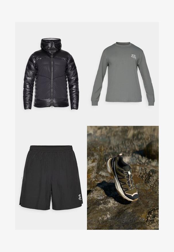 Black hooded puffer jacket with shiny quilted arms and upper chest, matte front panels, and central zipper closure.; Long-sleeve shirt in gray fabric, featuring a crew neck and a white graphic logo on the left chest. Smooth texture and simple design.; Black elastic waist shorts with a small white graphic on the lower front side, designed for casual or sportswear.; Hiking shoe in olive green and black with pink accents. Features a textured upper, flexible sole, reinforced toe cap, and colorful lacing system.