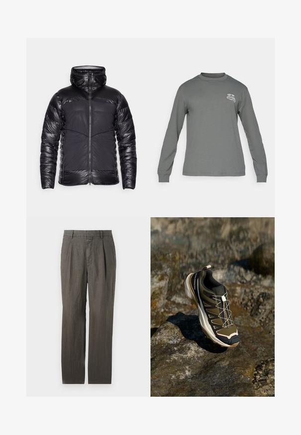 Crna kapuza jakna od pufera s sjajnim kvadratnim rukavima i gornjim dijelom prsiju, mat prednjim panelima i središnjim patent zatvaračem.; Dug obrazac s dugim rukavima u sivoj tkanini, s okruglim izrezom i bijelim grafičkim logotipom na lijevoj strani prsiju. Glatka tekstura i jednostavan dizajn.; Sive lanene hlače sa ravnim nogavicama, s prednjim nabora i pojasom sa diskretnim kopčanjem na gumb. Glatka tekstura.; Planinarska obuća u maslinasto zelenoj i crnoj boji s ružičastim akcentima. Ima teksturirani gornji dio, fleksibilnu podlogu, ojačan vrh i šareni sustav vezanja.
