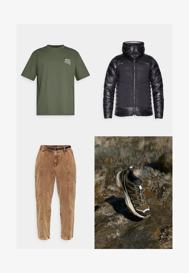 Black hooded puffer jacket with shiny quilted arms and upper chest, matte front panels, and central zipper closure.; Olive green crew-neck short-sleeve t-shirt with a small white "Karma" graphic on the left chest.; Brown corduroy pants with a textured surface, featuring a black adjustable belt, side pockets, and a relaxed fit. Pants taper toward the ankles.; Hiking shoe in olive green and black with pink accents. Features a textured upper, flexible sole, reinforced toe cap, and colorful lacing system.