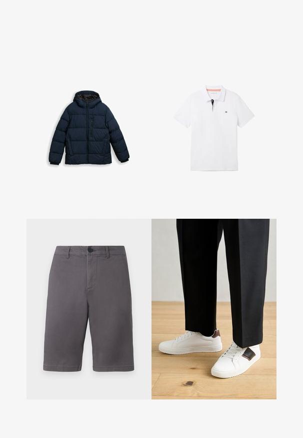 Dunkelblaue Steppjacke mit Reißverschluss, Kapuze und gepolstertem Design. Elastische Bündchen und eine mit Reißverschluss versehene Tasche auf der Vorderseite.; Weißes Polohemd mit einem schwarzen Kragen und orangefarbener Einfassung, kurzen Ärmeln und einem kleinen Logo auf der Brust. Hergestellt aus atmungsaktivem Baumwollgemisch.; Graue Shorts aus einem Baumwollmischgewebe, mit Knopfverschluss, Seitentaschen und einem sauberen, geraden Schnitt.; Weiße Sneakers mit glatter Textur, versehen mit braunen Lederakzenten und schwarzen Details, kombiniert mit schwarzen maßgeschneiderten Hosen. Hintergrund aus Holzboden.