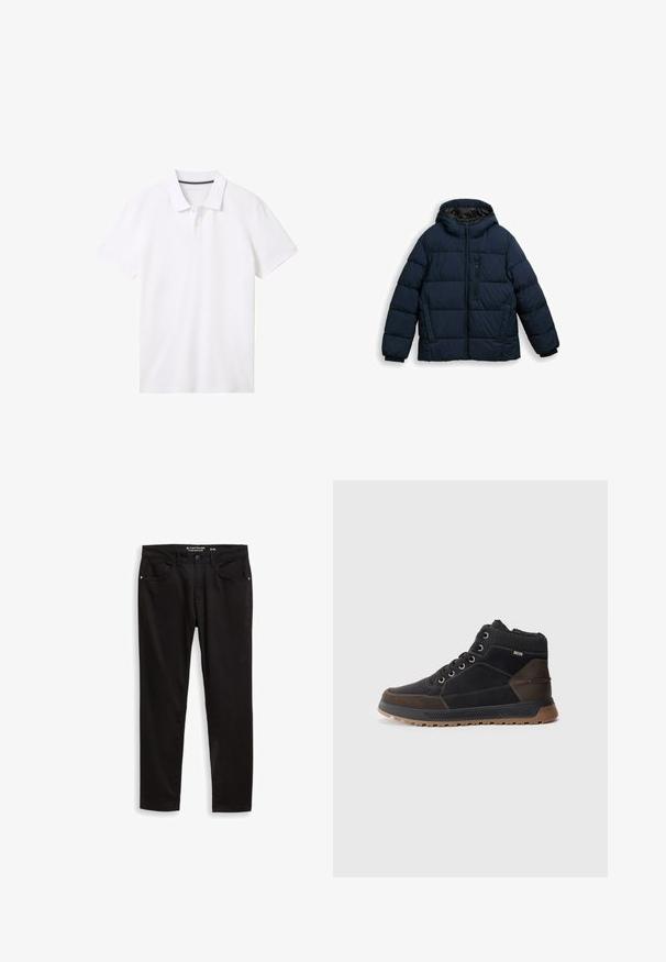 Dunkelblaue Steppjacke mit Reißverschluss, Kapuze und gepolstertem Design. Elastische Bündchen und eine mit Reißverschluss versehene Tasche auf der Vorderseite.; TOM TAILOR BASIC WITH CONTRAST - Poloshirt - white; Schwarze Denim-Hosen mit regulärer Passform, ausgestattet mit fünf Taschen, einem Knopfverschluss und feinen Steppnähten. Glatte Textur.; Herren High-Top Sneakers in Schwarz und Braun. Aus Leder und synthetischen Materialien gefertigt, mit einem strukturierten Kragen, Schnürsenkeln und Gummisohle.