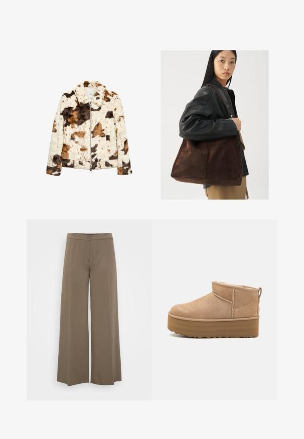 Falešná kožešinová bunda s krávím vzorem v krémové, hnědé a černé barvě. Obsahuje klopu a přední zip.; Světle krémový svetr s dlouhými rukávy, kulatým výstřihem a žebrovaným lemem. Vyroben z měkkého materiálu, s hladkou texturou.; Široké kalhoty z pevného hnědého materiálu, s knoflíkovým zapínáním, plochým předním dílem a hladkou texturou, navržené pro uvolněný střih.; Béžové semišové kotníkové boty s plyšovým interiérem, které mají platformovou podrážku a poutko na zadní straně pro snadné obutí. Texturovaná gumová podrážka.; Hnědá semišová taška přes rameno s širokým tvarem a měkkou texturou, s jedním popruhem a minimálním kovovým doplňkem na neutrálním pozadí.