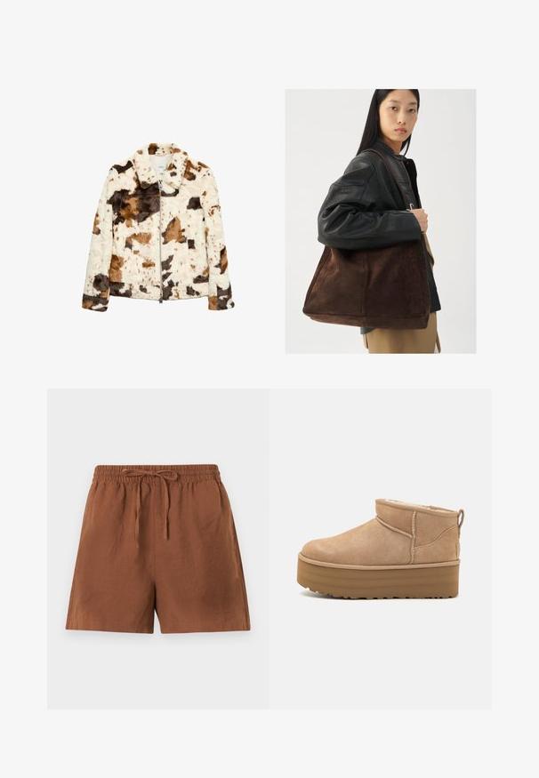 Faux fur jacket with a cow print pattern in cream, brown, and black. Features a notched collar and front zipper closure.; Light cream-colored sweater with long sleeves, round neckline, and ribbed hem. Made from a soft material, featuring a smooth texture.; Brown, lightweight shorts with an elastic waistband and drawstring. Features a loose fit and smooth texture, suitable for casual wear.; Beige suede ankle boots with a plush interior, featuring a platform sole and a pull tab at the back for easy wear. Textured rubber outsole.; Brown suede tote bag with a wide shape and soft texture, featuring a single strap and minimal hardware against a neutral backdrop.