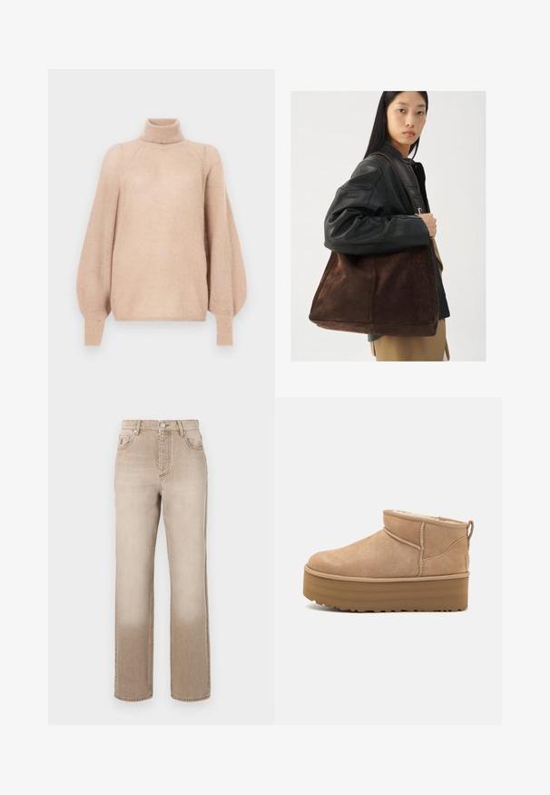 Kurtka z fałszywego futra w wzór w krowie łaty w odcieniach kremowym, brązowym i czarnym. Posiada wykładany kołnierz oraz zamek błyskawiczny z przodu.; Jasnoróżowy, oversize'owy sweter wykonany z miękkiego, teksturowanego materiału. Posiada wysoki kołnierz i długie, bufiaste rękawy ze ściągaczami.; Beżowe dżinsy denimowe z lekko wyblakłym efektem, prostą nogawką, stylem pięciu kieszeni oraz metalowym zapięciem na guziki w talii.; Beżowe zamszowe botki za kostkę z miękkim wnętrzem, z platformą i pętlą z tyłu ułatwiającą zakładanie. Teksturowana gumowa podeszwa.; Brązowa zamszowa torba typu tote o szerokim kształcie i miękkiej teksturze, z pojedynczym uchwytem i minimalnym wykończeniem na neutralnym tle.