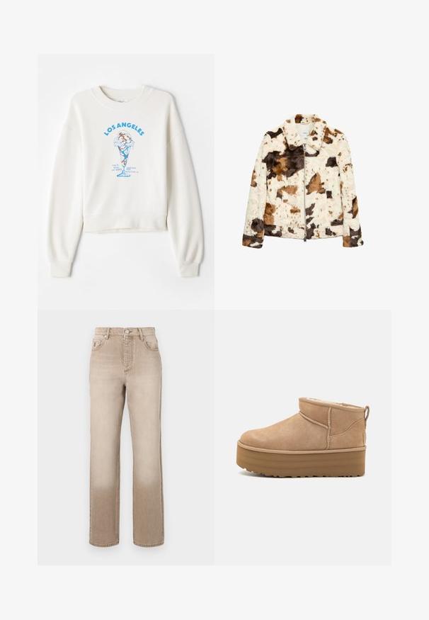 Faux fur jacket with a cow print pattern in cream, brown, and black. Features a notched collar and front zipper closure.; Cream-colored sweatshirt with a cropped design, featuring a blue ice cream graphic and "LOS ANGELES" text in bold at the center.; Beige denim jeans with a slightly faded effect, straight leg design, five-pocket style, and a metal button closure at the waist.; Beige suede ankle boots with a plush interior, featuring a platform sole and a pull tab at the back for easy wear. Textured rubber outsole.