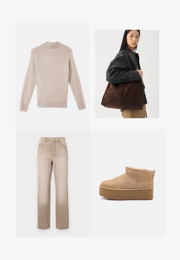 Faux-Felljacke mit einem Kuhmuster in Creme, Braun und Schwarz. Verfügt über einen abgesetzten Kragen und einen Frontreißverschluss.; Hellbeige strukturierter Pullover mit hohem geripptem Kragen, Raglanärmeln und gerippten Bündchen sowie Saum. Weicher, gemütlicher Strickstoff.; Beige Denim-Jeans mit einem leicht ausgeblichenen Effekt, geradem Bein-Design, Fünf-Taschen-Stil und einem Metallknopfverschluss an der Taille.; Beige Wildleder-Ankle Boots mit einem weichen Innenfutter, ausgestattet mit einer Plateausohle und einer Zuglasche hinten für einen einfachen Einstieg. Strukturiertes Gummiprofil.; Braune Wildleder-Tasche mit breiter Form und weicher Textur, ausgestattet mit einem einzigen Tragegurt und minimalem Zubehör vor einem neutralen Hintergrund.