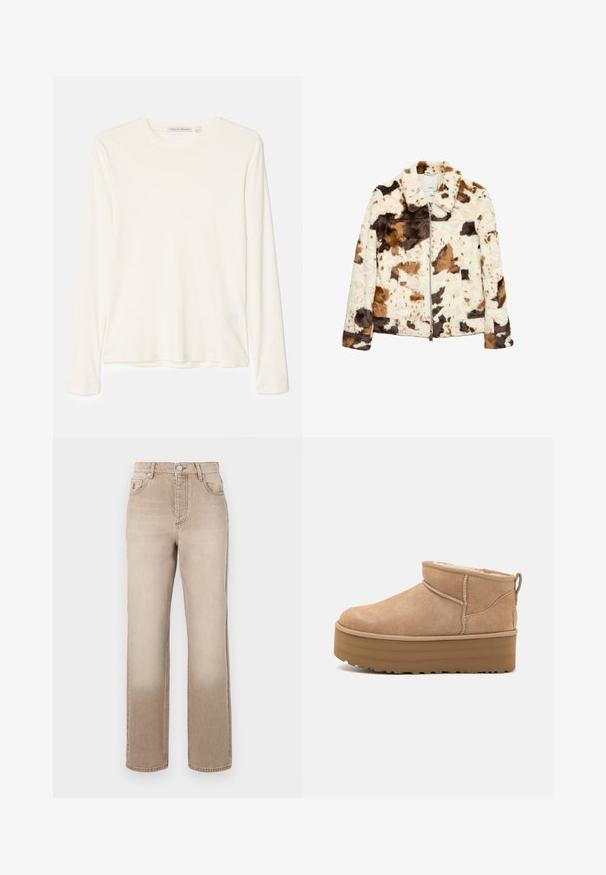 Faux fur jacket with a cow print pattern in cream, brown, and black. Features a notched collar and front zipper closure.; Tiger of Sweden MILLAN - Long sleeved top - seashell; Beige denim jeans with a slightly faded effect, straight leg design, five-pocket style, and a metal button closure at the waist.; Beige suede ankle boots with a plush interior, featuring a platform sole and a pull tab at the back for easy wear. Textured rubber outsole.