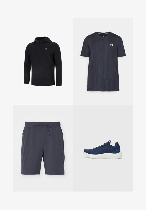 Must mustaga, mis on valmistatud kerge kanga kombineerimisest, täispika esihitiga, pikkade varrukatega ja väikese logoga vasakul rinnapiiril.; Tumedan meres lühikeste varrukatega särk, mis on valmistatud hingavast kangast, millel on tekstureeritud muster ja valge Under Armouri logo rindkere piirkonnas.; Tumedhallid šortsid elastse vöökoha ja nööriga. Sile kangas, kaks küljetaskut ja põlvekõrgune disain. Ei ole nähtavaid mustreid.; Tumesinine jooksujalats tekstuuriga kudumpealsega, valge tallaga ja logoga aktsendiga. Omab madalat profiili ja nöörimise disaini.