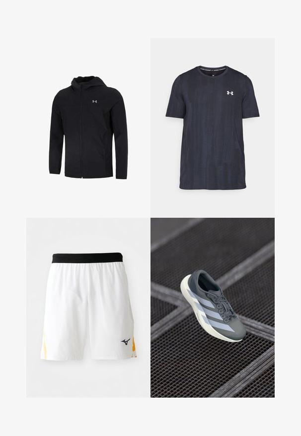 Must mustaga, mis on valmistatud kerge kanga kombineerimisest, täispika esihitiga, pikkade varrukatega ja väikese logoga vasakul rinnapiiril.; Tumedan meres lühikeste varrukatega särk, mis on valmistatud hingavast kangast, millel on tekstureeritud muster ja valge Under Armouri logo rindkere piirkonnas.; Valged sportlikud lühikesed püksid musta elastse vöökoha ja kollaste külgdetailidega, millel on paremjalal väike must spordibrandi logo.; Hallide saapad hallis ja valges, valmistatud sünteetilisest materjalist, voolujoonelise disainiga, tekstuurse viimistlusega ja silmapaistva nöörimise süsteemiga.