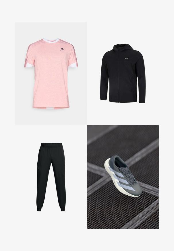 Čierna kapucňová bunda vyrobená z ľahkej tkaniny, ktorá má plný zips vpredu, dlhé rukávy a malé logo na ľavej hrudi.; Svetloružové tričko s krátkym rukávom vyrobené z textúrovanej tkaniny. Obsahuje biele okrúhle výstrih a čierne logo na hrudi.; Čierne športové nohavice s elastickým pásom, zúženým strihom nohavíc, bočnými vreckami a kontrastnými panelmi. Ľahká, hladká látka.; Športová obuv v šedej a bielej farbe, vyrobená z umelých materiálov, s aerodynamickým dizajnom, textúrovaným povrchom a výrazným šnurovacím systémom.